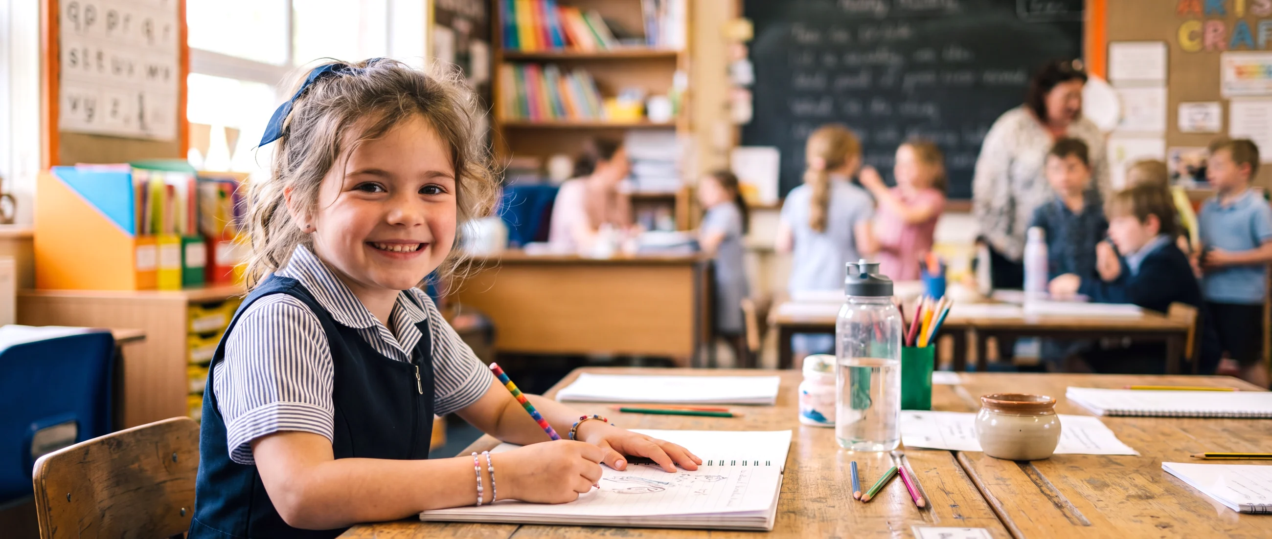 A smiling girl drawing in her notebook while classmates work with a guide behind her